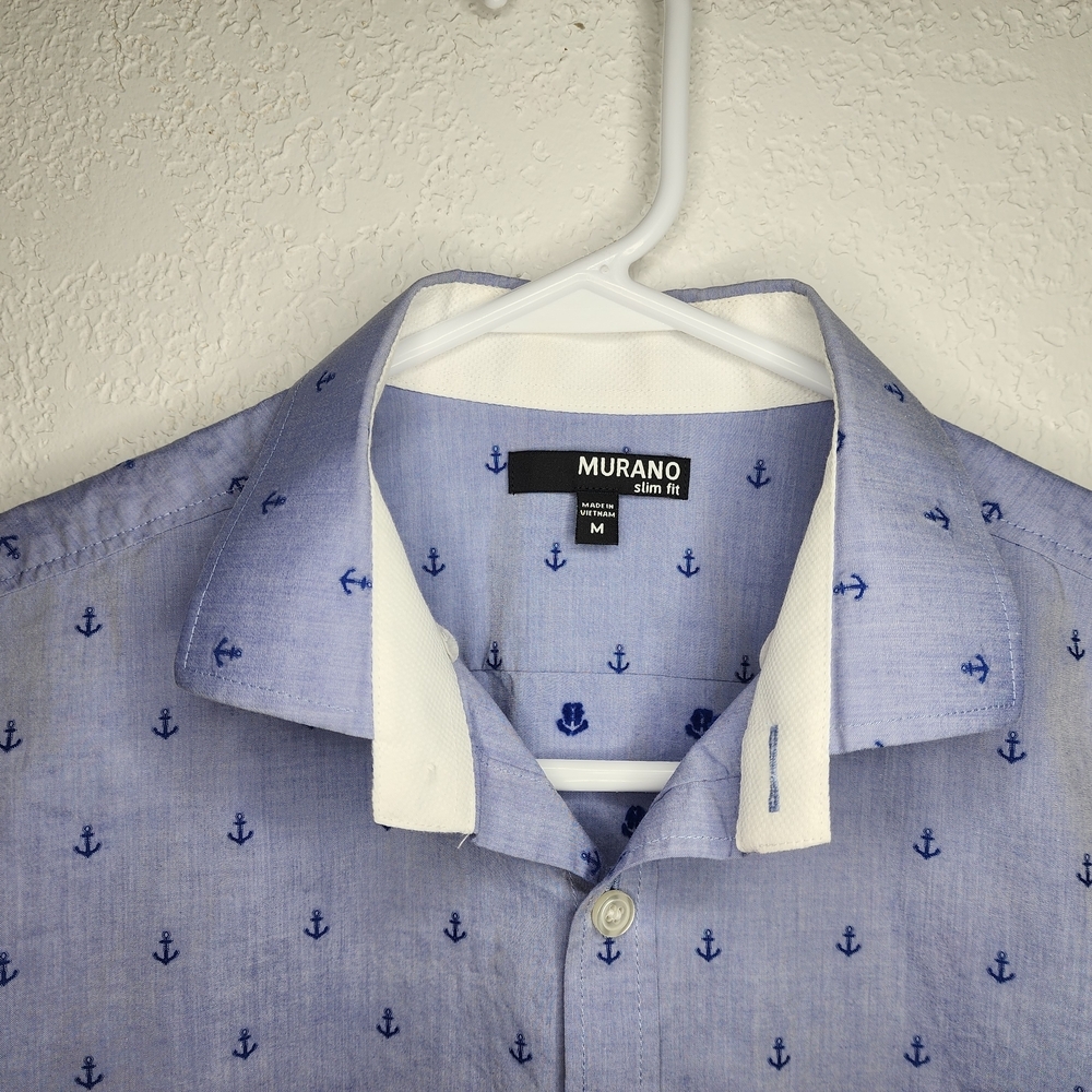 Murano Slim Fit Blue Anchors Button-Up Short Sleeve Casual Men's M Shirt Cotton - Picture 2 of 7